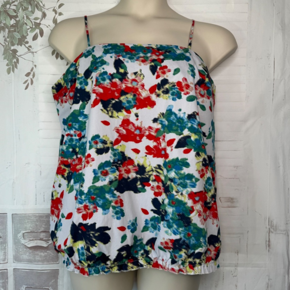 Go International White Blue Red Green Floral Casual Blouson Tank Top XL X Large